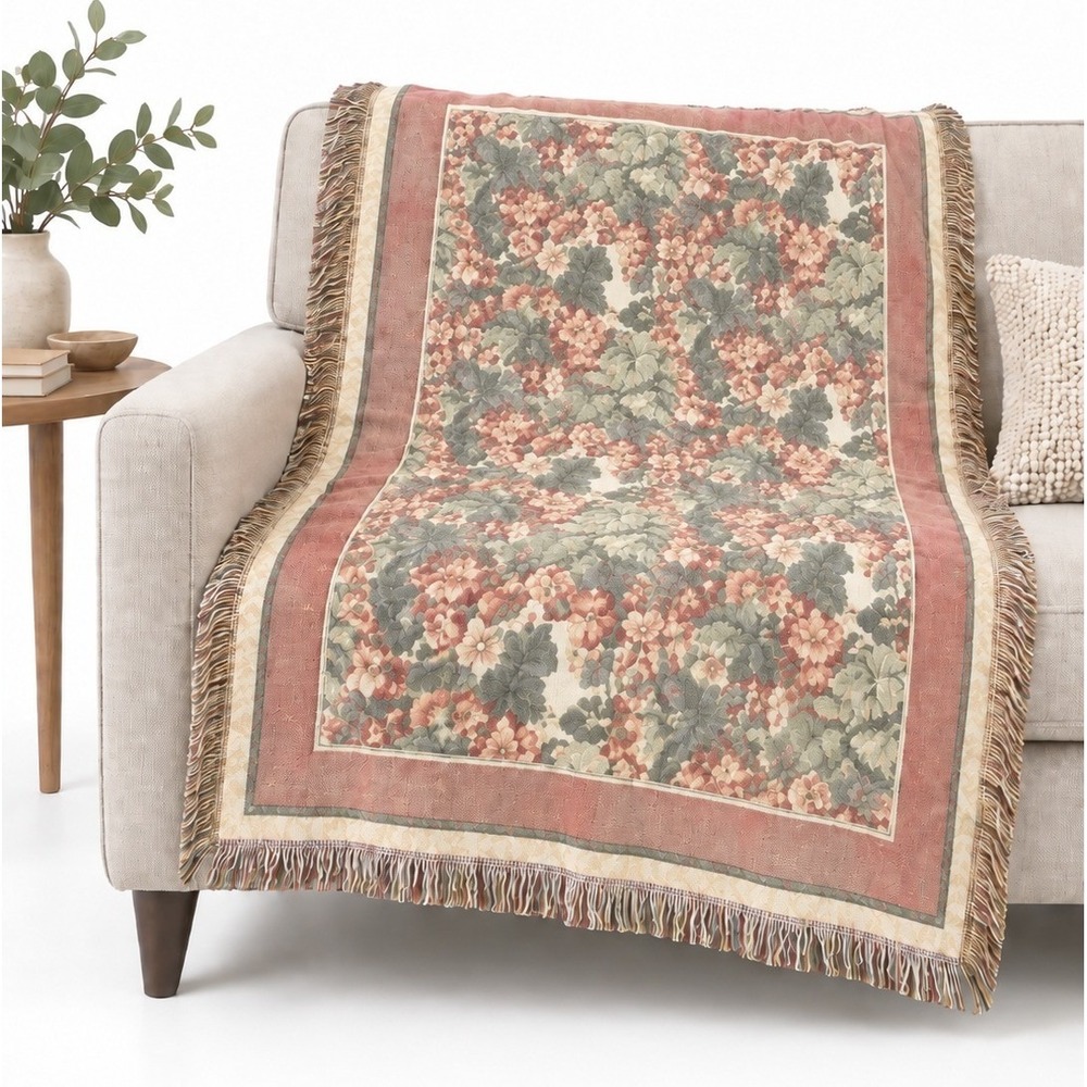Goodwin Weavers Cotton Floral Tapestry Throw Blanket Green Pink 61x44 Fringe